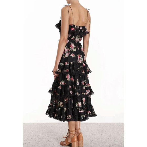 Zimmermann Honour Floral Print Silk Habutai Tiered Midi Dress Black - Picture 3 of 9
